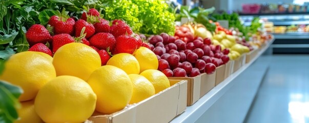 Explore a vibrant selection of fresh produce and whole foods at your local market Discover an array of colorful fruits, crisp vegetables, and nutritious ingredients A grocery store aisle brimming