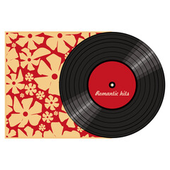 Obraz premium Vinyl disk in carton pack isolated on white retro style illustration vector art decor design 70s, 80s, 90s 