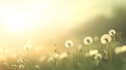 Morning sunlight on dandelions in a tranquil meadow