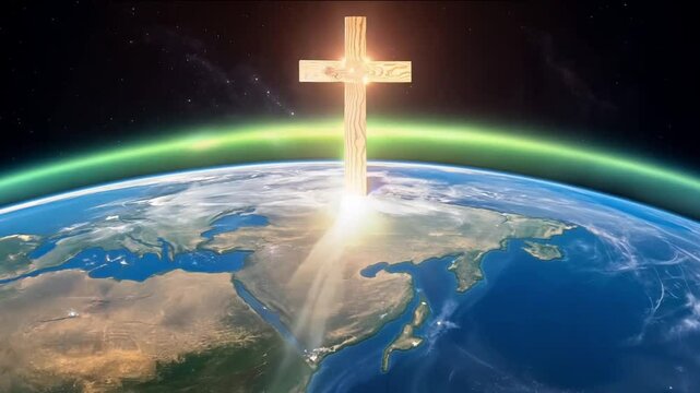 Jesus Cross over planet earth orbit. Christianity religion, happy easter concept