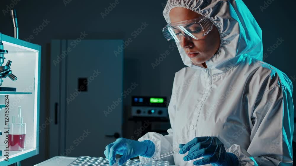 Poster scientist conducts experiments in a modern laboratory environment with advanced equipment and safety