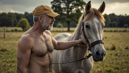 Older Man and Light Gray Horse in Field