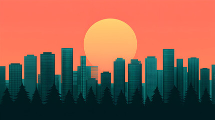 Fototapeta premium Urban sunset cityscape silhouette against vibrant sky digital art evening aesthetic