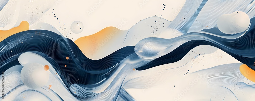 Poster abstract fluid art with curved lines and floating spheres