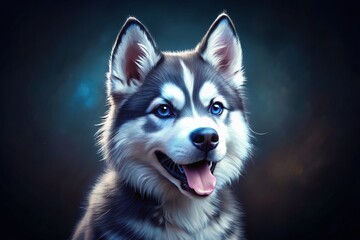 Obraz premium Adorable Mini Husky Puppy Portrait, Low Light Photography, Open Mouth