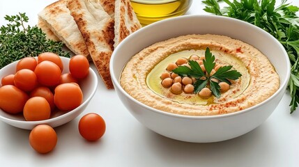 Indulge in a delicious and healthy culinary experience with a captivating image featuring A bowl of creamy hummus drizzled with olive oil, served with pita bread, isolated on a transparent