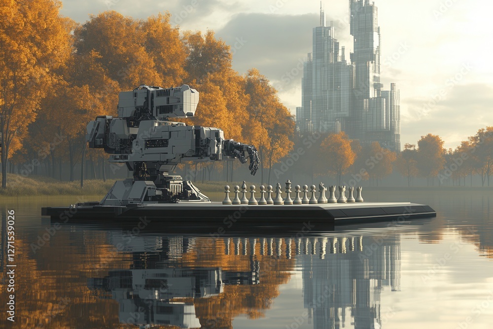 Poster a robotic arm plays chess on a floating platform, surrounded by autumn trees and a distant castle, r