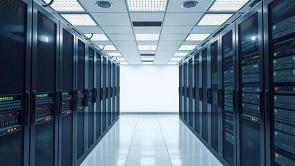 Various information and telecommunication technology concept diagrams with icons overlaid on a server room background, technology, icons