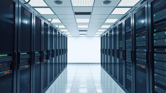 Various information and telecommunication technology concept diagrams with icons overlaid on a server room background, technology, icons