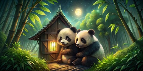 Obraz premium Adorable Panda Cubs Embrace in Spring Forest Night