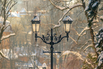 A pair of ornate, wrought-iron street lamps stand tall against a backdrop of snow-covered trees and...