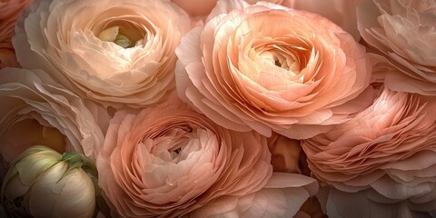 Elegant cluster of soft peach ranunculus flowers in gentle sunlight