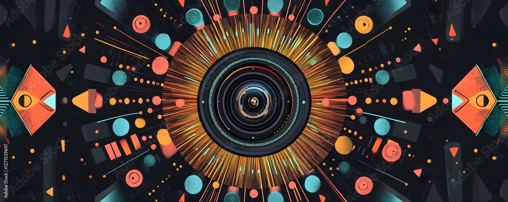Poster abstract symmetrical composition features a central lens structure