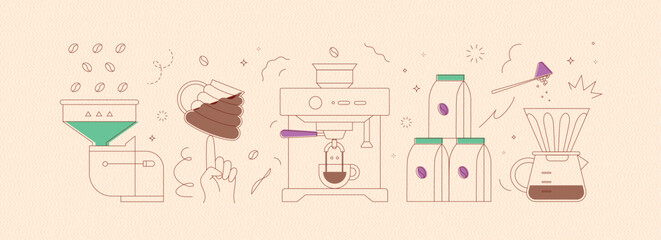 Coffee mill, cup, machine, pack, maker symbols drawing in modern linear art style on peach background