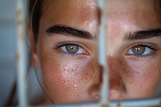 This striking close-up captures a young individual with emerald eyes behind bars, reflecting emotions of sadness and a subtle sense of hope and resilience.