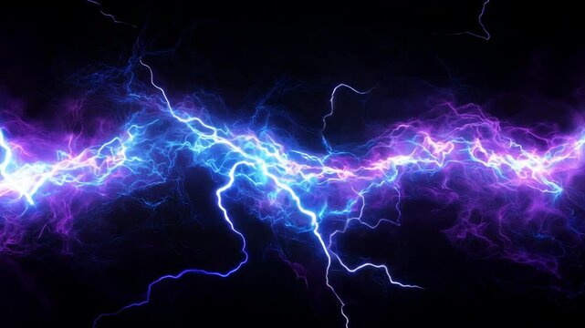 Vibrant electric lightning bolt with glowing blue and purple energy surging across a dark background in a dynamic display