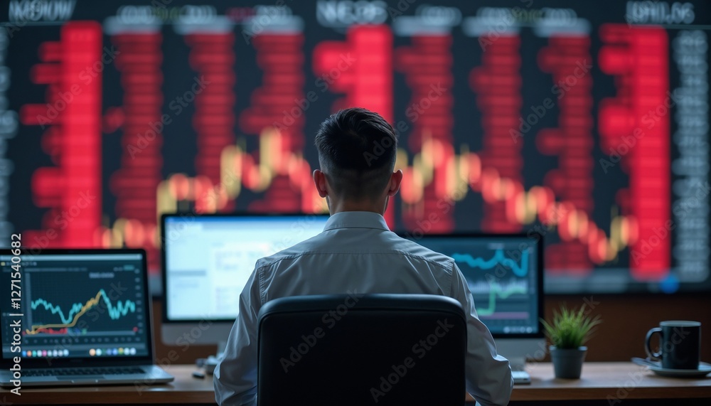 Poster bank employee monitors declining currency market, seated in front of multiple screens, with a large 
