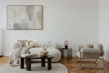 A modern and minimalist living room with a neutral color palette, textured fabrics, and elegant...