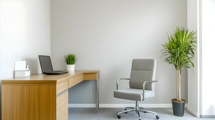 Modern Minimalist Office Workspace with Wooden Desk and Gray Chair