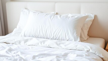 White bed with plush pillows and a cozy duvet in a bright, airy bedroom, comfortable, bedroom