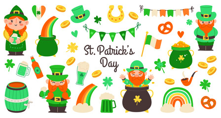 Set of Saint Patrick's day holiday stickers. Hand drawn collection of cute elements,  rainbow, clover, leprechaun, pot of gold coin, beer. Irish holiday, flat vector illustration