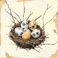 Obraz premium Speckled eggs in bird nest with twigs on vintage background
