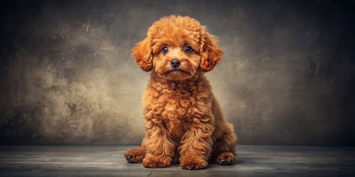 Adorable Red Toy Poodle Puppy on Gray Background - Vintage Style Photo