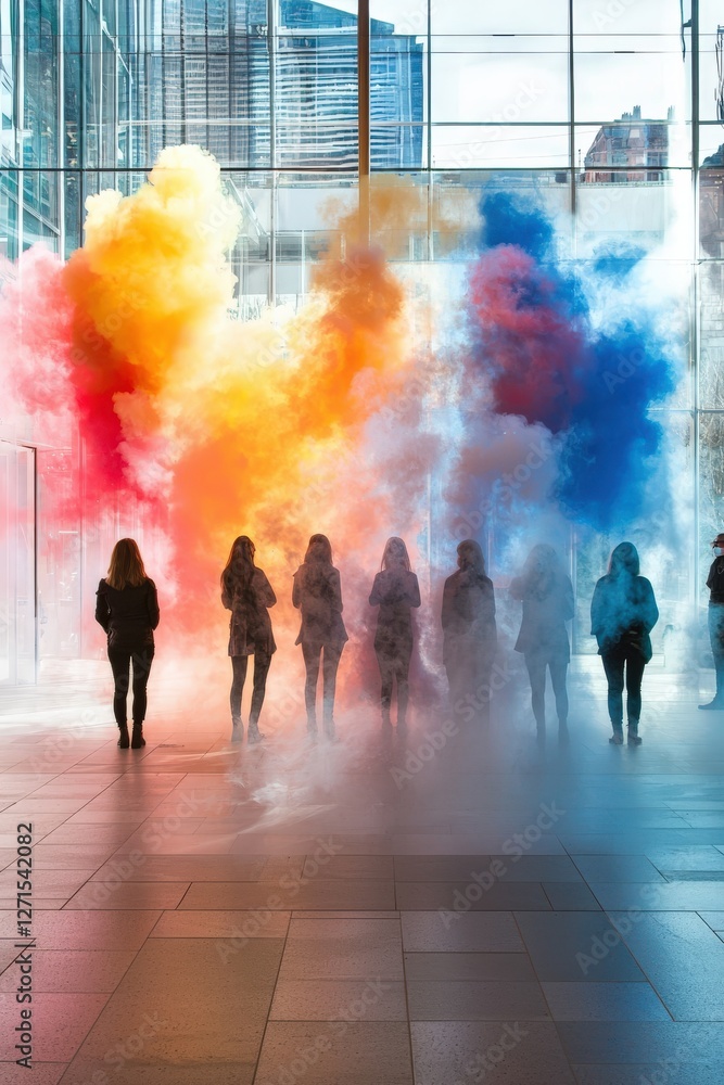 Poster a captivating display of colorful smoke envelops silhouetted figures in a modern urban setting, crea