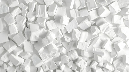Close-up view of white plastic pellets scattered on a surface, showcasing texture and material properties