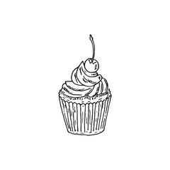 Doodle cartoon cupcake with cherry on top vector food hand drawn illustration.