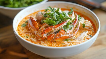 Fototapeta premium A delightful bowl of crab porridge brimming with tender crab, fragrant spices, and a sprinkle of fresh herbs awaits enjoyment. Perfect for a comforting meal any time of day