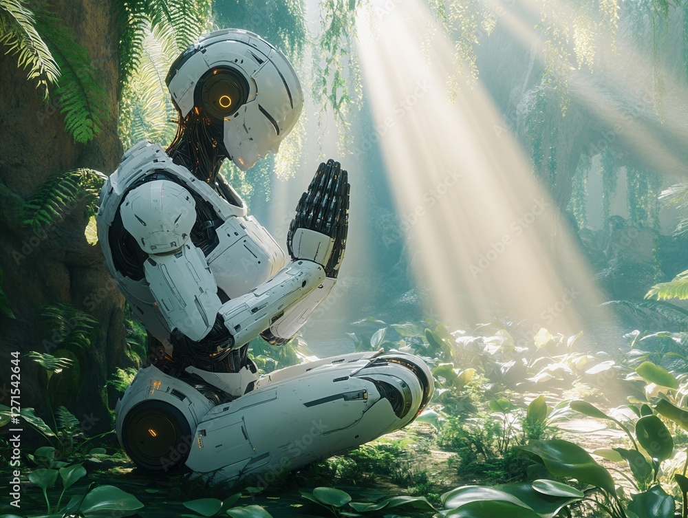 Poster a serene robot meditating in a lush green forest, illuminated by soft rays of sunlight filtering thr