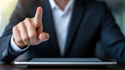 Close-up of hand pointing at tablet screen, symbolizing technology, digital interaction, and business innovation.