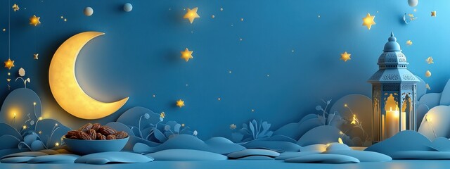 Fototapeta premium A Tranquil Nightscape Featuring a Moonlit Atmosphere with Stars and Lanterns