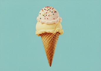 Colorful sprinkle vanilla and strawberry ice cream cone on blue background