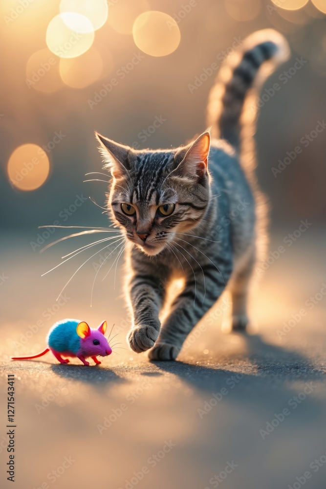 Aufkleber cat playfully approaches a colorful toy mouse while sunlight creates a warm glow in the background