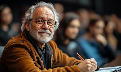 Focused Senior Man Taking Notes in an Academic Lecture Setting