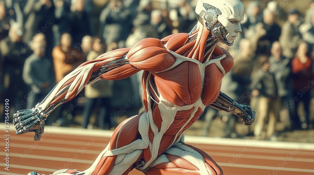 Poster a futuristic humanoid figure with exposed muscles and mechanical features sprints on a track, surrou