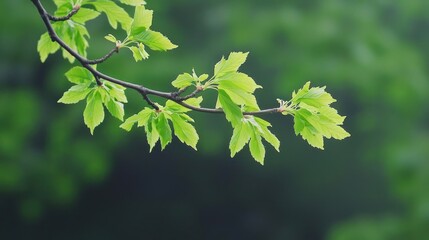 Bright Green Leaves on a Branch Against a Soft Green Background