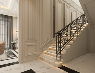 3D rendering Interior design of a classic hall marble floor black and white, White Doors and Rest zone decorated with a ceiling and chenderliar.