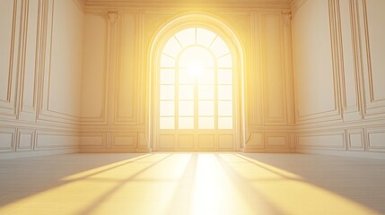 Fototapeta premium Warm sunlight streams through arched window illuminating elegant empty room. AI Generated