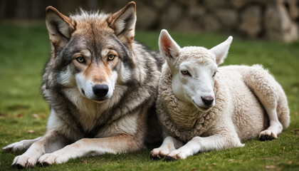 Fototapeta premium A wolf and a lamb lying together. Animal friendship concept. 