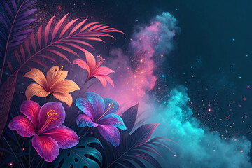 abstract background ,tropical flowers in neon colors, mixed with smoke and glitter textures, AI