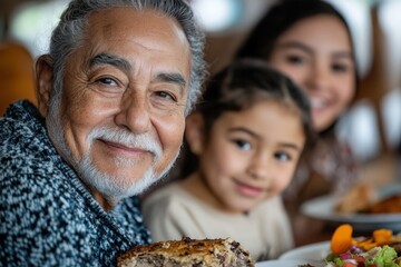 A charming elderly man enjoys a delicious meal in a family setting, smiling at the children beside him, capturing the essence of love, joy, and togetherness in everyday life.