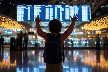 A child joyfully stands at the airport, arms raised in excitement as they witness arrivals, symbolizing hope and anticipation in a vibrant travel atmosphere filled with lights.