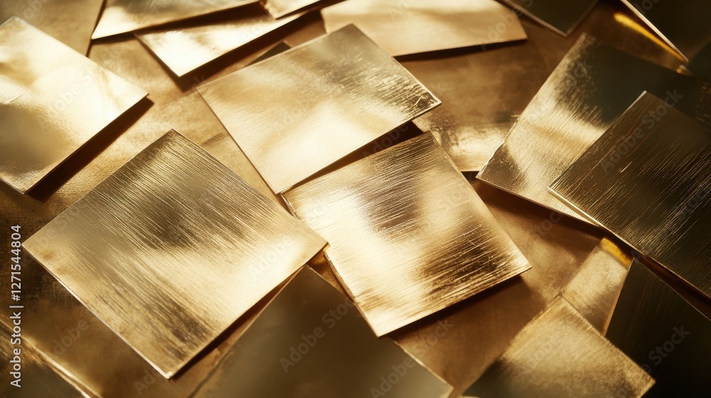 Poster abstract arrangement of shiny golden squares reflecting light in artistic pattern