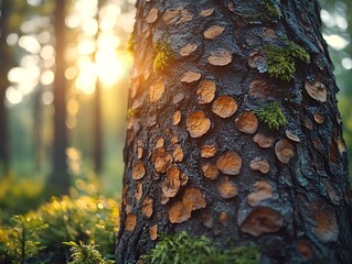Obraz premium Close-Up of Textured Tree Bark in a Sunlit Forest