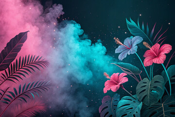An abstract background with stylized tropical flowers in neon colors, mixed with smoke and glitter textures, AI generated