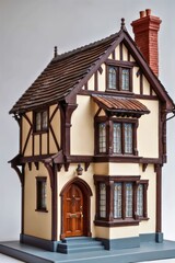 Tudor-Style Model House with Exposed Wooden Beams and Arched Door.