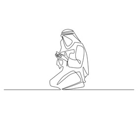 Continuous one line drawing of muslims prayer. Single line drawing illustration of Muslim person sitting and praying. Ramadan kareem concept vector art. Doodle line illustration.